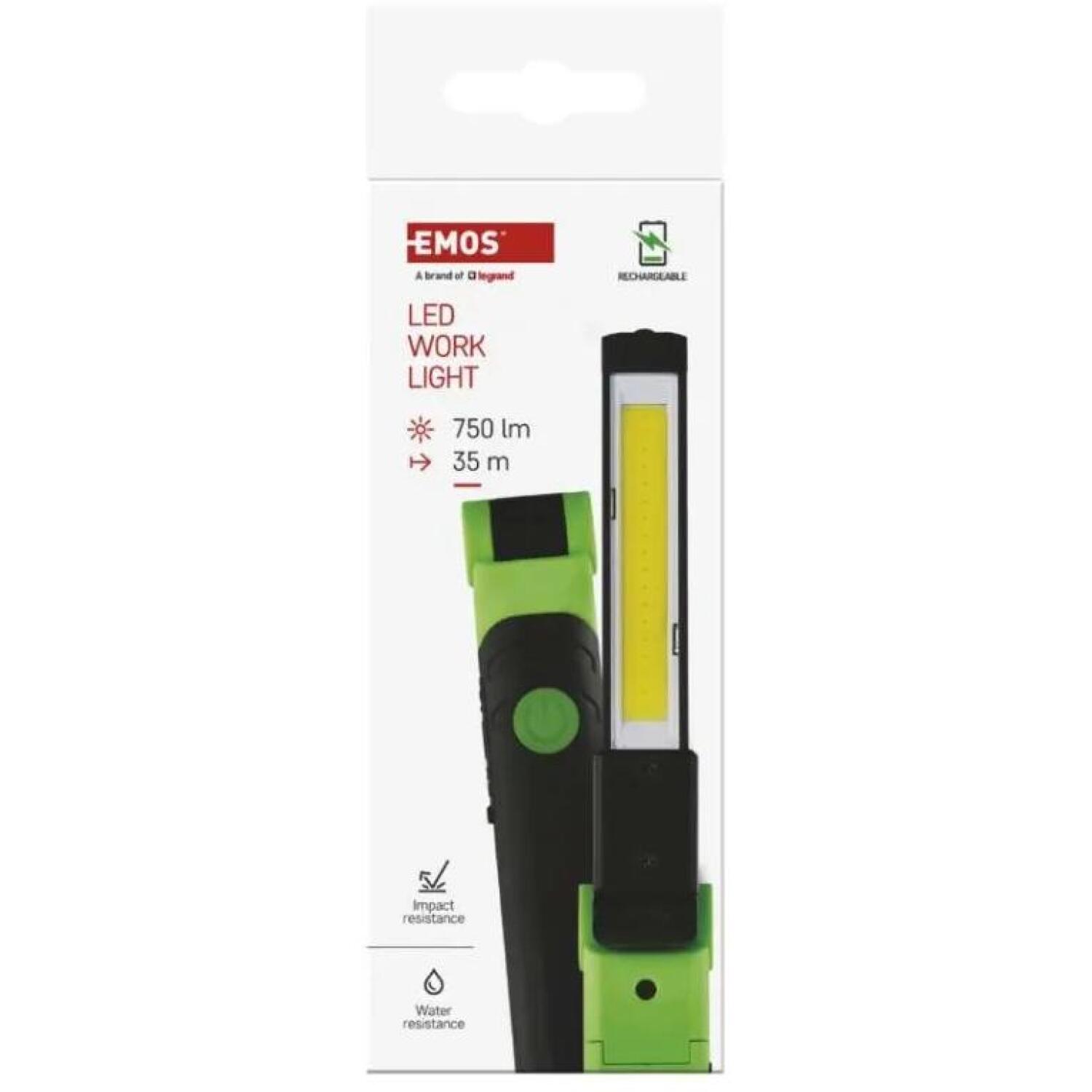 Emos COB LED перезаряжаемый рабочий фонарь P4540, 750 лм, 2000 мАч, 6 режимов, IP44, USB C, магнит, крючок (P4540)