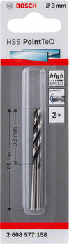Urbis metālam PointTeQ 3 x 33 x 61 mm , 2 gab., Urbjmašīnām/skrūvgriežiem POINTTEQ HSS SPIRĀLVEIDA URBIS, 2608577158, BOSCH (2608577158)