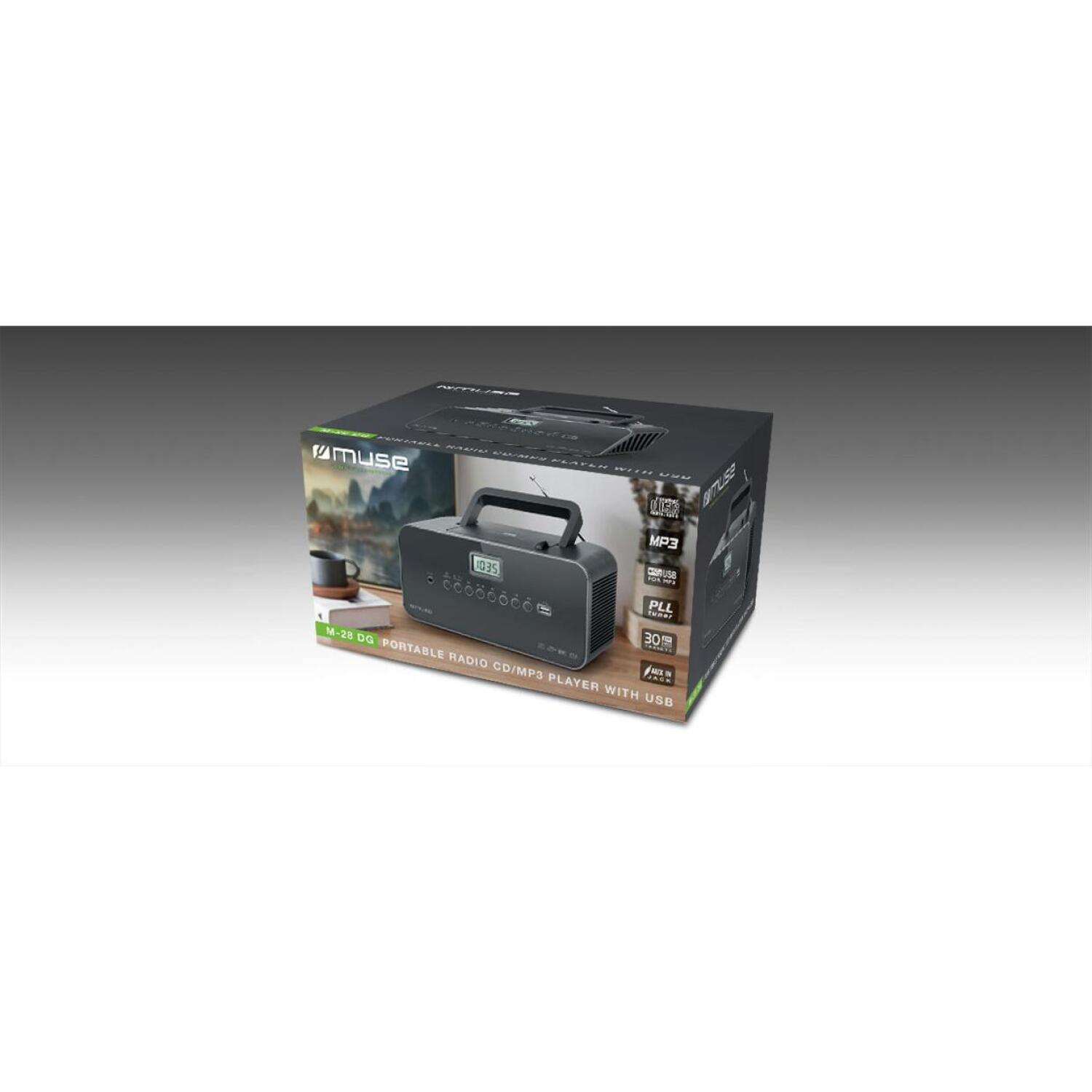 Muse Портативное радио M-28DG, 230В, 6x1,5В тип C, ЖК-дисплей, FM/MW 30 станций, CD/CD-R/RW/MP3, USB, AUX, 2Вт, серый (M-28DG)