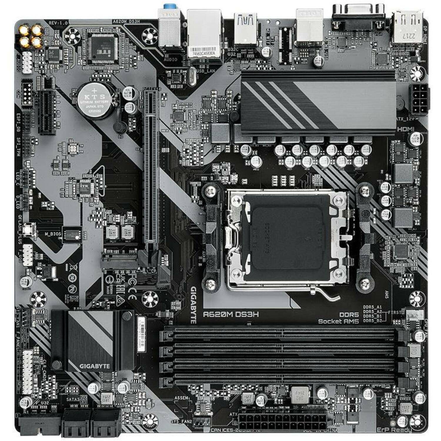 Gigabyte A620M DS3H 2.0, AMD Socket AM5, 5+2+2 фазы, до 7600MHz DDR5, 1xPCIe 4.0 M.2, GbE LAN, USB 3.2 Gen 1 (A620M DS3H 2.0)