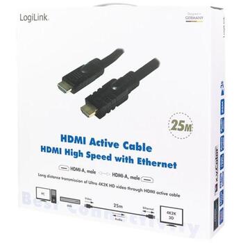 Logilink HDMI кабель CHA0025, 25м, активный, HDMI-HDMI, 4K, Ethernet, позолоченные контакты, черный (CHA0025)