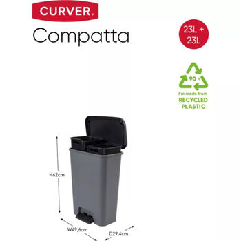 Curver Compatta Duo 0817210791, педальное ведро для мусора, 23+23л, 49.6x29.4x62см, пластик, серый (0817210791)