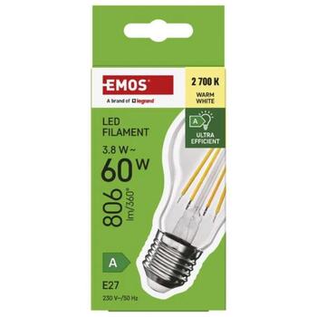Emos LED лампочка FILAMENT A60 ZF5147, 3,8 Вт, 806 лм, 230 В, 50 000 часов, E27, теплый белый, 360°, 4 чипа (ZF5147)