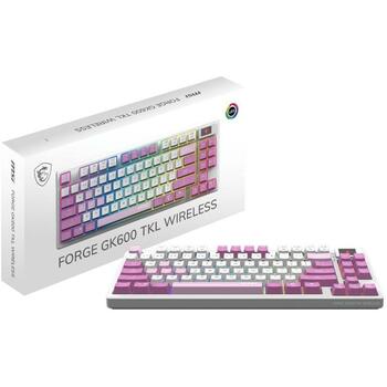 Msi клавиатура FORGE GK600 TKL W VIOLET 2.4GHz, Bluetooth, USB, 83 клавиши, RGB LED, N-key rollover, 4000mAh аккумулятор (FORGE GK600 TKL W VIOLET US)