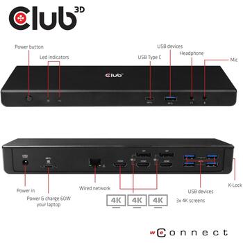 Club3D dokstacija CSV-1562 USB 3.2 Gen 1, 4x USB Type-A, 1x USB Type-C, 3x 4K displeji, 60W PD, Gigabit Ethernet, melna (CSV-1562)