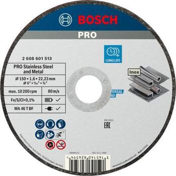 Bosch Griešanas disks 2608601513, 150mm, 1.6mm, 22.23mm, 80m/s, 10200rpm, Inox, taisns (2608601513)