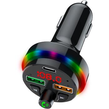 Tracer CarSynk Transmiter FM BT TRACAU47754, 25W USB-C, 2xUSB-A 5V/3.1A, LED displejs, MicroSD karšu lasītājs, RGB apgaismojums (TRACAU47754)