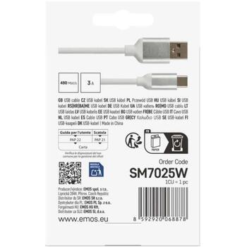 Emos Кабель для зарядки и передачи данных SM7025W, 1м, белый, 2.0, A разъем – C разъем, 18W, 3A, 480Mbit/s (SM7025W)