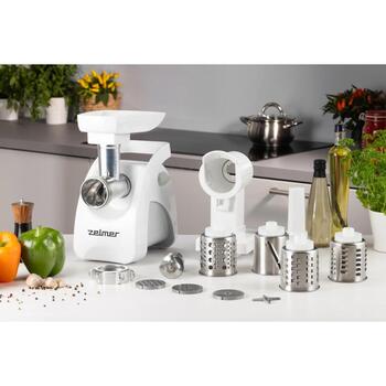 Zelmer ZMM9802B мясорубка, 70504991P, 2200 Вт, 3 кг/мин, 3 решетки, реверс, насадка для колбас, белый (70504991P)