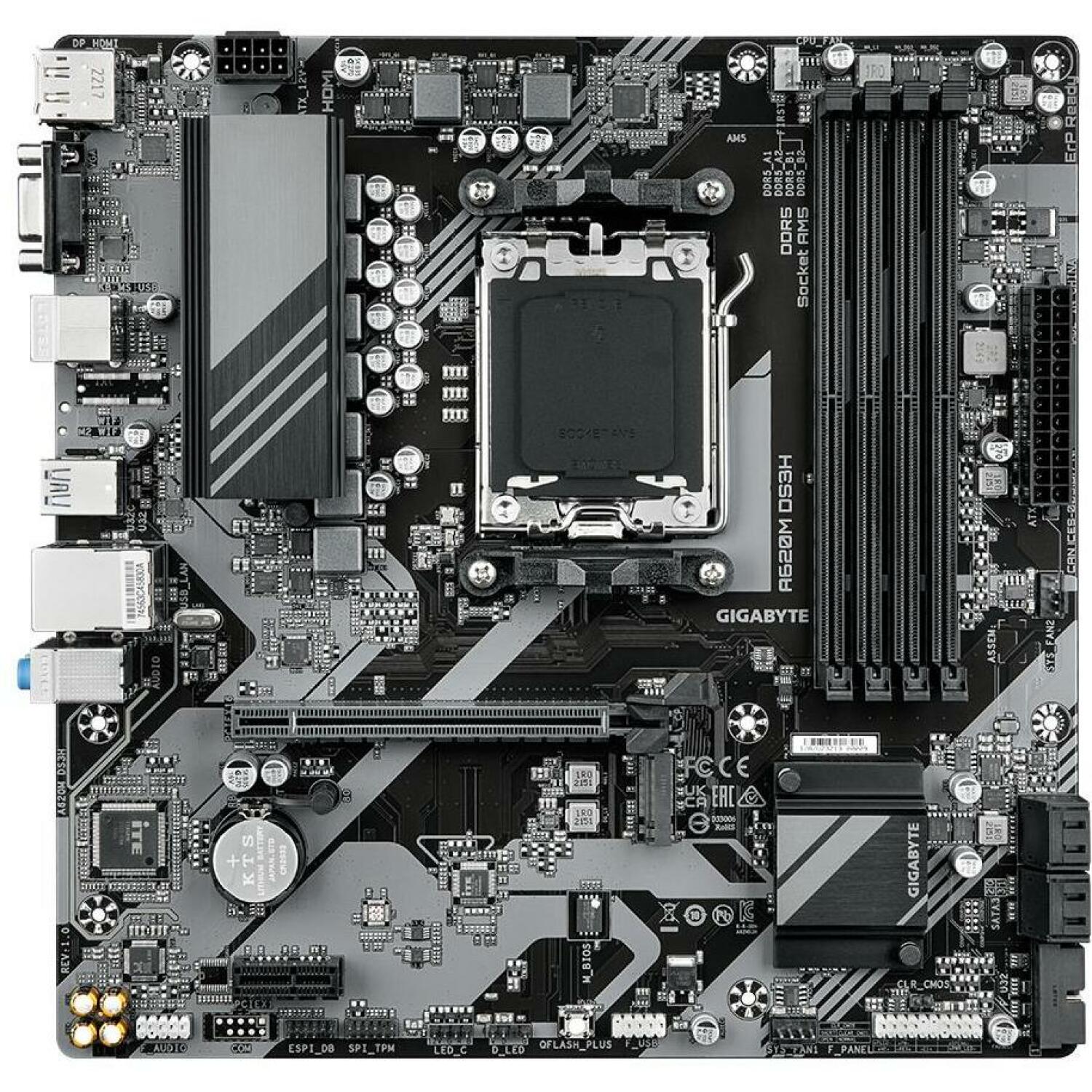 Gigabyte A620M DS3H 2.0, AMD Socket AM5, 5+2+2 фазы, до 7600MHz DDR5, 1xPCIe 4.0 M.2, GbE LAN, USB 3.2 Gen 1 (A620M DS3H 2.0)