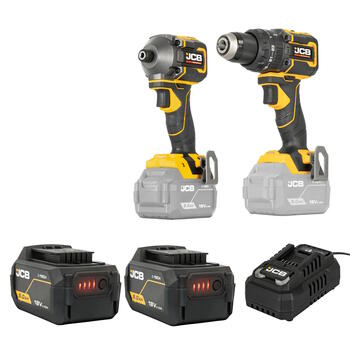 JCB JCB-18PKIT-2 Professional 18V kompakts instrumentu komplekts urbjmašīna-skrūvgriezis 75Nm trieciena skrūvgriezis 230Nm 2x5.0Ah akumulatori 4.5A lādētājs (JCB-18PKIT-2)