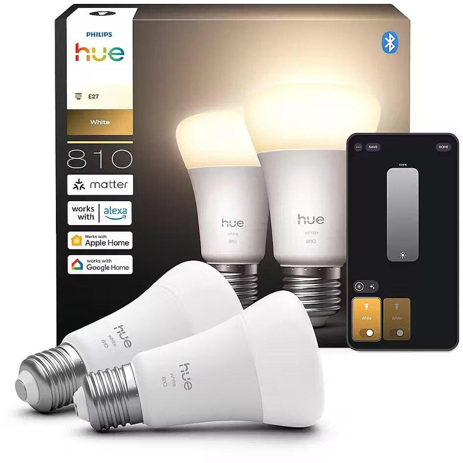 Philips Hue светодиодная лампа W 810 A60 2P EU 8721103072566, 7 Вт, E27, 810 лм, 2700 К, 220-240 В, Bluetooth, Zigbee, 2 шт (8721103072566)