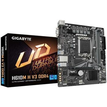 Gigabyte Mātesplate H610M H V3 DDR4, atbalsta Intel Core 14. paaudzes CPU, 4+1+1 hibrīda VRM, 2 DIMM, 1xPCIe 3.0 M.2, GbE LAN (H610M H V3 DDR4)
