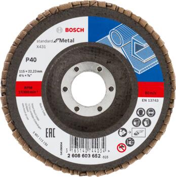 Slīpēšanas disks metālam Standard 115X22mm,40, Mazām leņķa slīpmašīnām X431 STANDARD FOR METAL VĒDEKĻVEIDA DISKI, IZLIEKTĀ VERSIJA, 2608603652, BOSCH (2608603652)