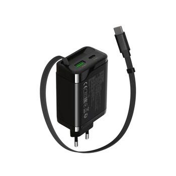Kompakts sienas lādētājs ar integrētu USB C kabeli 65 W kopējo jaudu 1×PD un 1×QC ātrās uzlādes portu OnCharge 65RC Build In Cable EU Melns CNS-CURC65ACB CANYON (CNS-CURC65ACB)