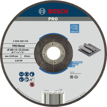 Slīpēšanas ripa 180X22X6 mm, metālam, Lielām leņķa slīpmašīnām ar fiksācijas uzgriezni PRO METAL SLĪPRIPA, 2608600315, BOSCH (2608600315)