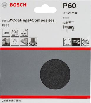 Slīpp.akmenim leņķa slīpm D 125 mm, K 60, 10 gab., Mazām leņķa slīpmašīnām PRO F355 SLĪPLOKSNE, 2608606755, BOSCH (2608606755)