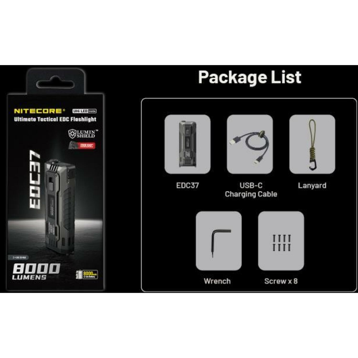 Nitecore EDC37 gaismas lukturis, 8000 lm, 420 m, 8000 mAh Li-Ion akumulators, USB-C uzlāde, OLED displejs, IP54 (EDC37)