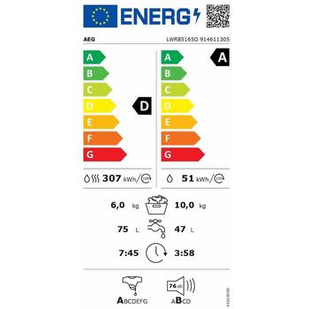AEG LWR85165O veļas mazgājamā mašīna ar žāvētāju, 10kg/6kg, 1551rpm, A/D, 76dB, tvaiks, PowerClean (LWR85165O)