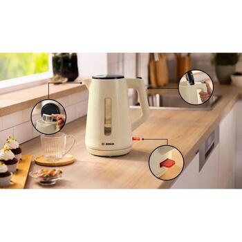 Bosch Электрический чайник TWK1M127, 2400 Вт, 1.7 л, пластик, песочного цвета, автоматическое отключение, индикатор уровня воды (TWK1M127)