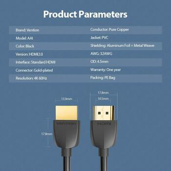 Vention HDMI kabelis 2M AAIBH, 2m, 18Gbit/s, 4.5mm, 3D, zelta kontakts, elastīgs, melns (AAIBH)