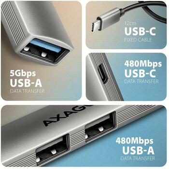 Axagon USB centrmezgls HUE-STC 4 porti, 1× USB-C 480Mbps, 1× USB-A 5Gbps, 2× USB-A 480Mbps, kabelis 12 cm (HUE-STC)