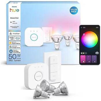 Philips Hue умный осветительный комплект E WCA 345 GU10 3kit SW EU, 3 лампы, GU10, 4.7 Вт, 345 лм, 2200-6500 K, 16 млн цветов (8721103103758)