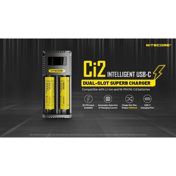 Nitecore Зарядное устройство CI2 5V 2A, 9V 2A, 12V 1.5A, 18W, 4.2V±1%, 1.48V±1%, 3000mA*1, 2000mA*1, AA, AAA, 18650 (CI2)