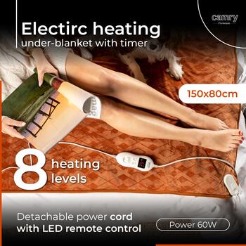 Elektriskā mīkstā sega 150x80 cm ar 7 apsildes līmeņiem 110–120 W vienai personai mazgājama koralflīsa brūna CR7435 Camry (CR 7435)