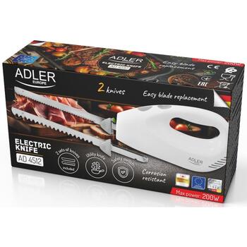 Adler Электрический нож AD 4512, 200 W, 850 g, Нержавеющая сталь, 2 ножа, 29 см длина лезвия, 1 м шнур питания, Белый (AD 4512)