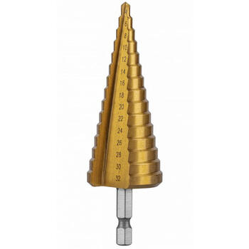 Hogert HT6D323 ступенчатое сверло, 4-32мм, 15 ступеней, HSS 4241, TiN покрытие, 118°, 1/4