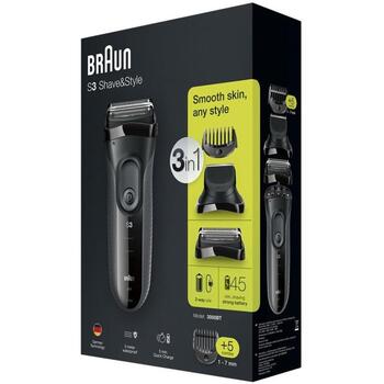 Braun skuveklis 3000BT, 45 min, NiMH, folijas skuveklis, 3 asmeņi, 5 ķemmes, 3-7 mm, LED, mazgājams, bezvadu, mitrs un sauss (3000BT)
