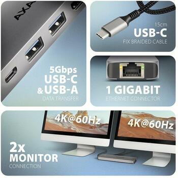 Axagon USB centrmezgls HMC-7HX2 7in1, 2x HDMI, 1x RJ-45, 2x USB 5Gbps, 1x USB-C, 15 cm strāvas kabelis (HMC-7HX2)