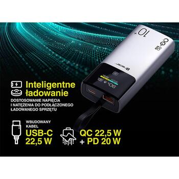 Tracer Lādētājs TRABAT47642, 10000 mAh, 22,5 W QC, 20 W PD, 1 x USB-A, 1 x USB-C, 3 uzlādes savienojumi, 4 šūnas (TRABAT47642)