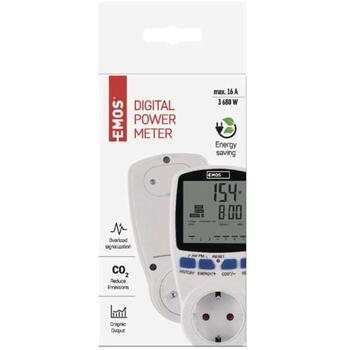 Emos измеритель энергии P5822, 3 680 W, 2 W–3 680 W, 0 kWh–9 999 kWh, 9 999 часов, защита от детей, LED-индикация (P5822)