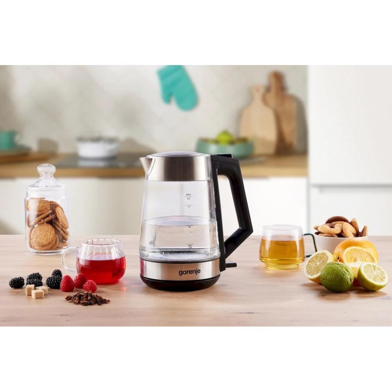 Gorenje Чайник K17OGS, 1.7 л, 2200 Вт, 360° поворотная база, Нержавеющая сталь/Стекло (K17OGS)