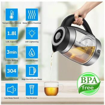 Forme Чайник FKG-488, 2200 W, 1.8 L, 40°C-100°C, 5 цветов LED, скрытый нагревательный элемент, 360° поворот (FKG-488)