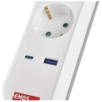 Emos Удлинитель P1523FC, 3 м, 5× 2P + PE, 1× USB-A + 1× USB-C, 3,1 A, 15,5 W, выключатель, защита от детей (P1523FC)