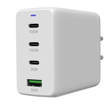 Kompakts sienas lādētājs ar GaN tehnoloģiju 100 W kopējo jaudu 3×PD un 1×QC ātrās uzlādes portu CU100ACC EU Balts CNS-CUW100ACC CANYON (CNS-CUW100ACC)