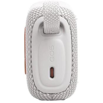 JBL Go 5 JBLGO5WHT, Bluetooth 6.0, 4,8 W RMS, 45 mm, IP68, 8 h, USB-C, balts (JBLGO5WHT)
