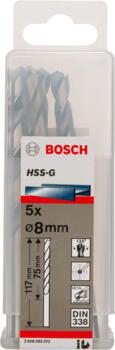 HSS-G urbji metālam 8.0mm, 5gab., Urbjmašīnām/skrūvgriežiem PRO METAL HSS-G STANDARTA SPIRĀLVEIDA URBJA GARUMS, 2608595072, BOSCH (2608595072)