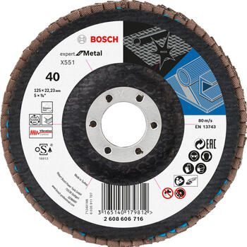 Slīppap.slīpšķ.metal D 125 mm, K 40, 1 gab., Mazām leņķa slīpmašīnām X551 EXPERT FOR METAL VĒDEKĻVEIDA DISKI, IZLIEKTĀ VERSIJA, 2608606716, BOSCH (2608606716)