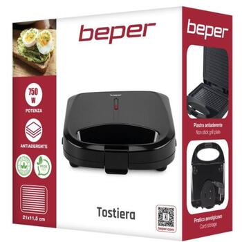 Beper Sendviču tosteris P101TOS011, 750W, 21x20.5x7.5cm, 2 sviestmaizes, kvadrātveida forma, kontroles lampiņa (P101TOS011)