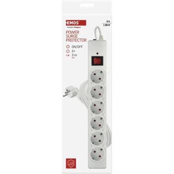 Emos Защита от перенапряжения P54216, 3 м, 6 розеток, 2300 Вт, 10 А, защита от детей, выключатель с подсветкой (P54216)