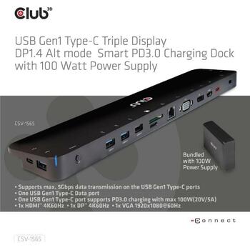 Club3D dokstacija CSV-1565 100W, 1x HDMI 4K60Hz, 1x DP 4K60Hz, 1x VGA 1920x1080@60Hz, 2x USB-C, 5x USB-A, 1x RJ-45, audio ports (CSV-1565)