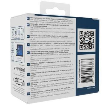 Gembird Зарядное устройство TA-ACPDQC20-01-W 20W, 2 порта, 110-230V, 3680W, 3A, 2.22A, 1x USB 2.0, 1x Type-C (TA-ACPDQC20-01-W)