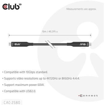 Club3D USB-C kabelis CAC-2580 15m, 10Gbps, 60W, melns, USB-C / USB-C (CAC-2580)