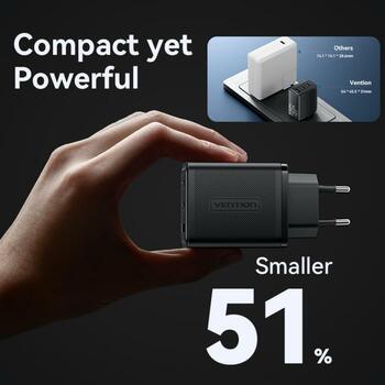 Vention зарядное устройство FERB0-EU 65W PD быстрая зарядка, 3 устройства, 2 USB-C, 1 USB-A, черный, GaN технология (FERB0-EU)