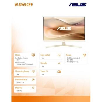 Asus монитор 24 дюйма VU249CFE-M, 1920 x 1080, 100 Гц, 250 кд/м², 1 мс, 16:9, 1 x HDMI, 1 x USB Type C, регулируемая подставка (VU249CFE-M)