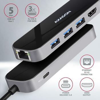 Axagon USB centrmezgls HMC-6GL 3x USB 3.2, 1x USB-C, 1x HDMI, 1x RJ-45, 5Gb/s, 100W PD, 110 x 35 x 13 mm (HMC-6GL)
